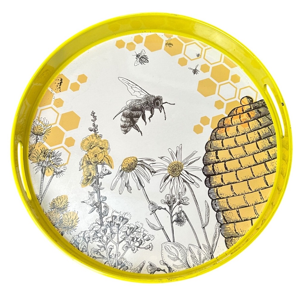 Round‎ Serving Tray Yellow Beehive Honeycomb Floral Design Home Decor